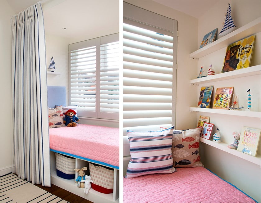 2 views of a pink bedroom