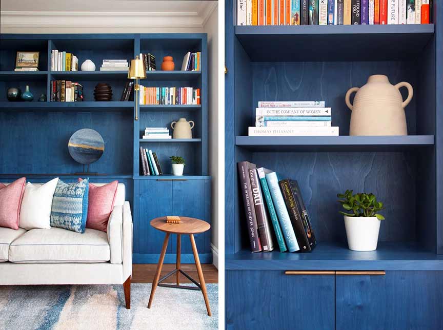2 views of a blue room with bookcase