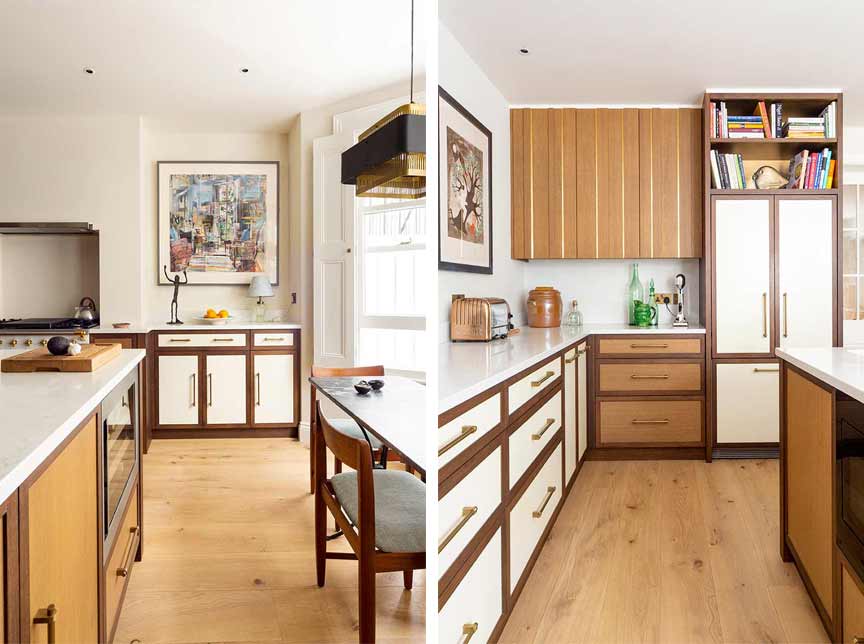 two views of a wood themed kitchen