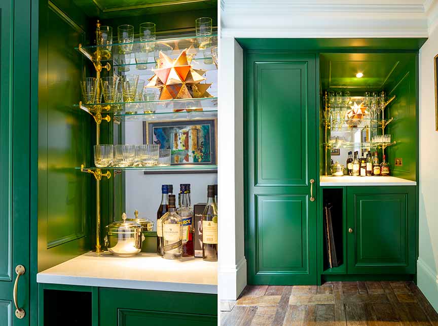 green cupboard door with display shelves and closeup