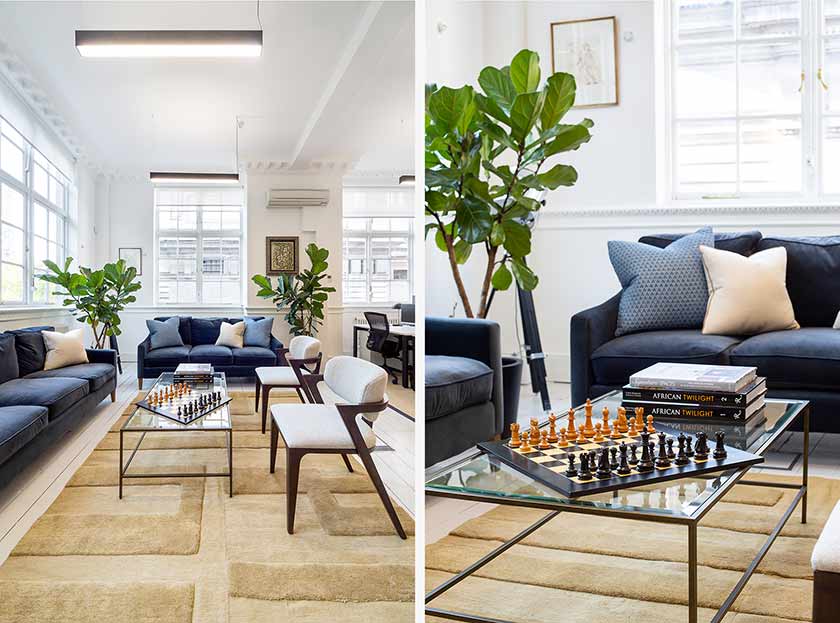 Office Interior with blue sofa and close up of sofa