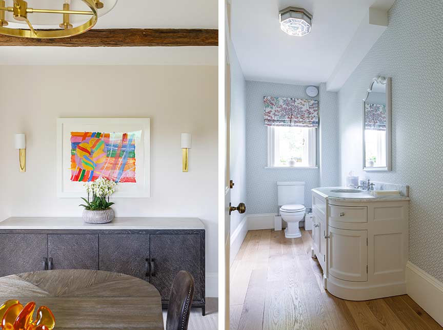 bedrrom with wall painting on left and ensuite bathroom with wood floor on right