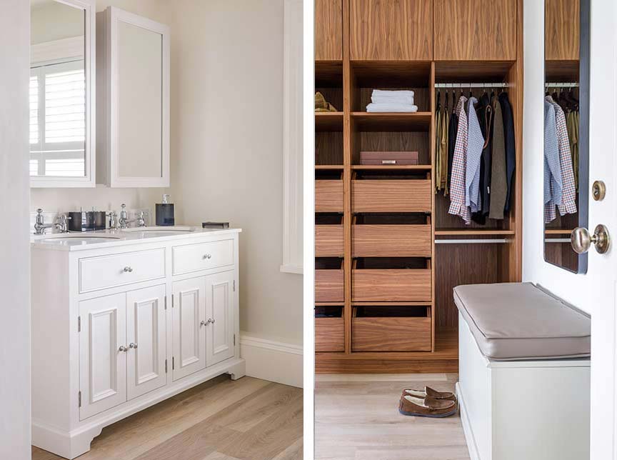 white dressing table and wooden wardrobe