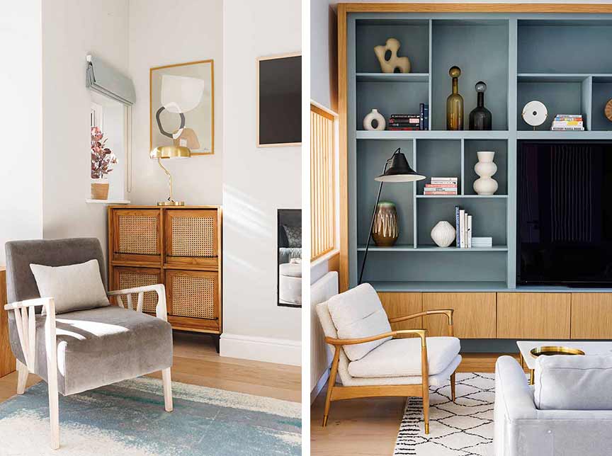 2 views of a pale blue living area