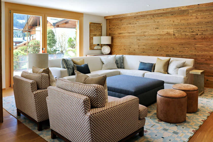 cosy lounge area with blue and brown decor