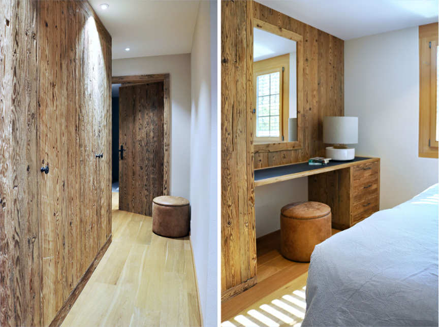 Wood pnelled hallway and bedroom with pale blue decor