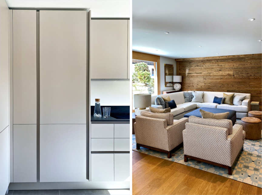 Clean white and blue kitchen, and cosy living room with armchairs